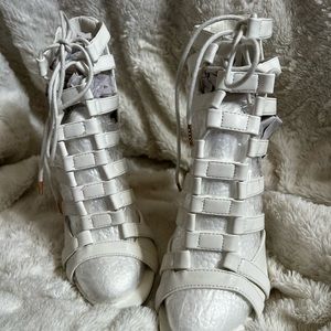White faux-leather cage heels